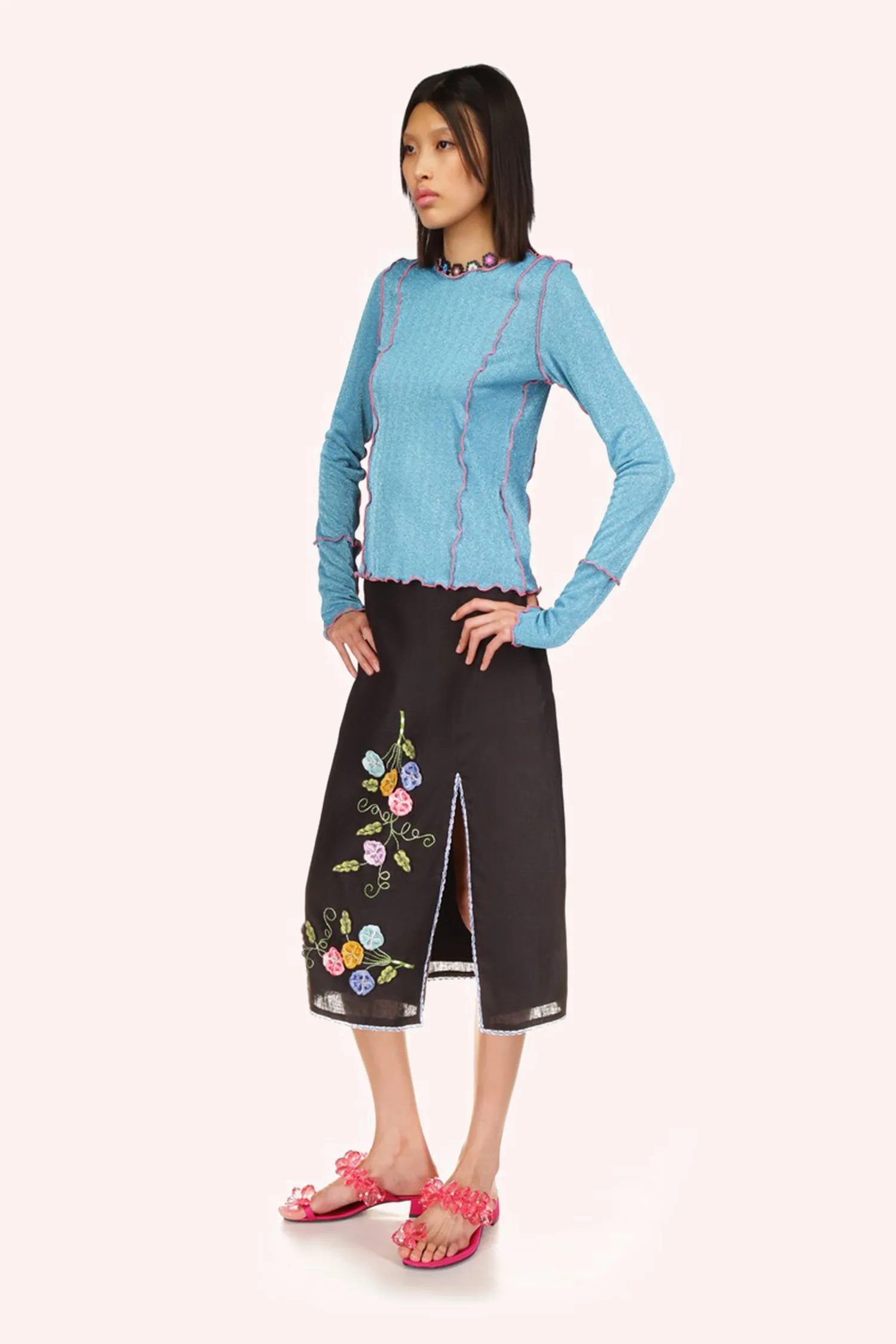 3-D Pansy Embroidered on Linen Skirt