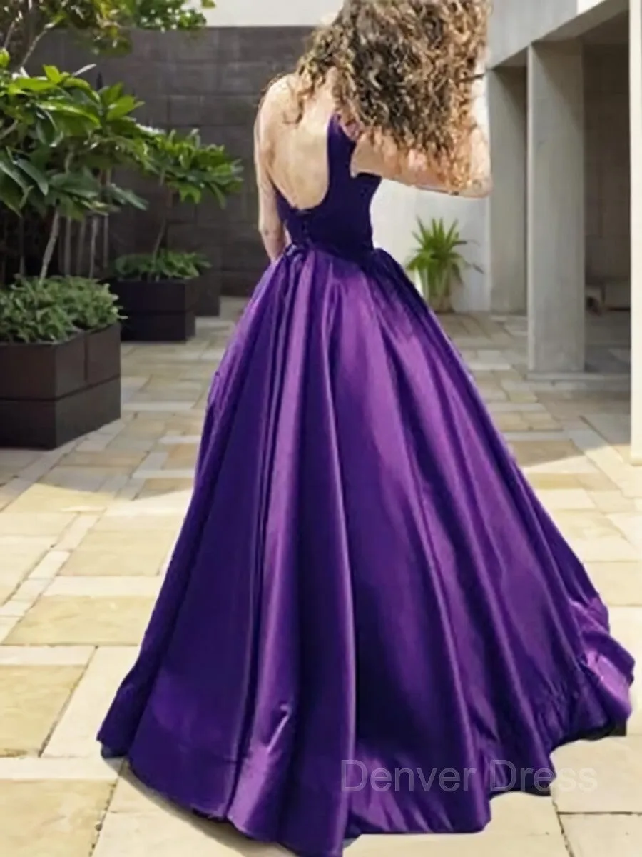 A-Line Bateau Floor-Length Satin Prom Dresses With Ruffles