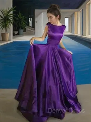 A-Line Bateau Floor-Length Satin Prom Dresses With Ruffles