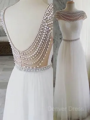 A-Line Bateau Floor-Length Tulle Prom Dresses With Beading