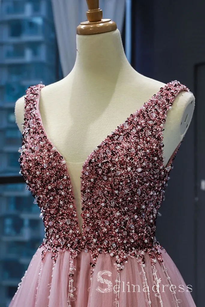 A-line Beaded Sparkly Princess Long Prom Dress Pink Formal Evening Gowns SED063