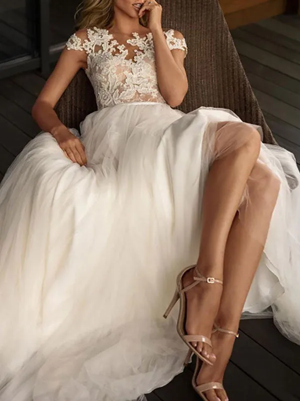 A Line Cap Sleeve Tulle  Lace Long Wedding Dress Ivory Bridal Gown