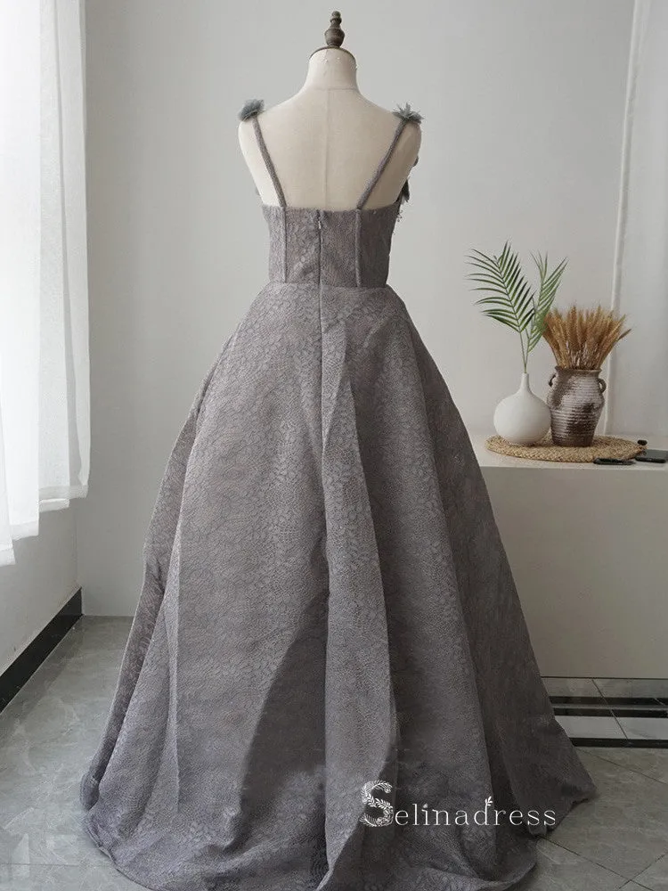 A-line Gray Straps Lace Applique Long Prom Dresses Luxury Evening Dresses ASB021