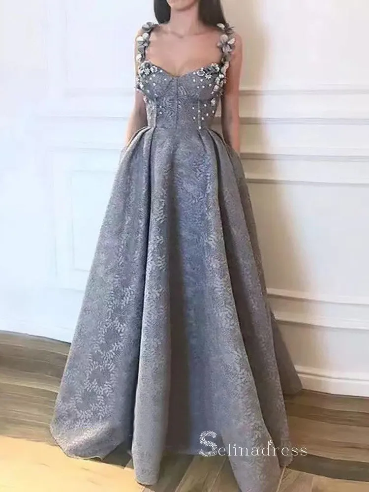 A-line Gray Straps Lace Applique Long Prom Dresses Luxury Evening Dresses ASB021