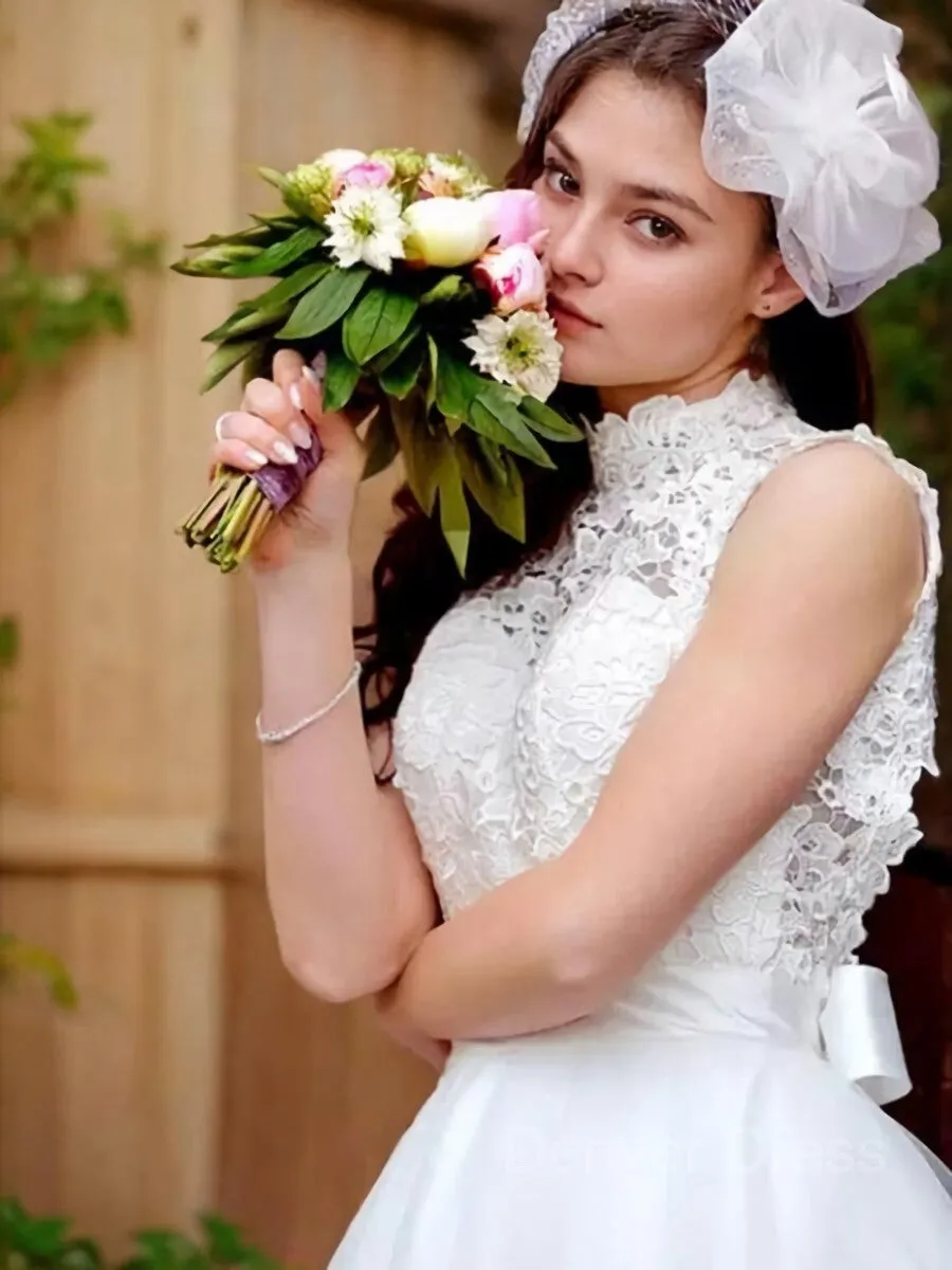 A-Line High Neck Knee-Length Tulle Wedding Dresses