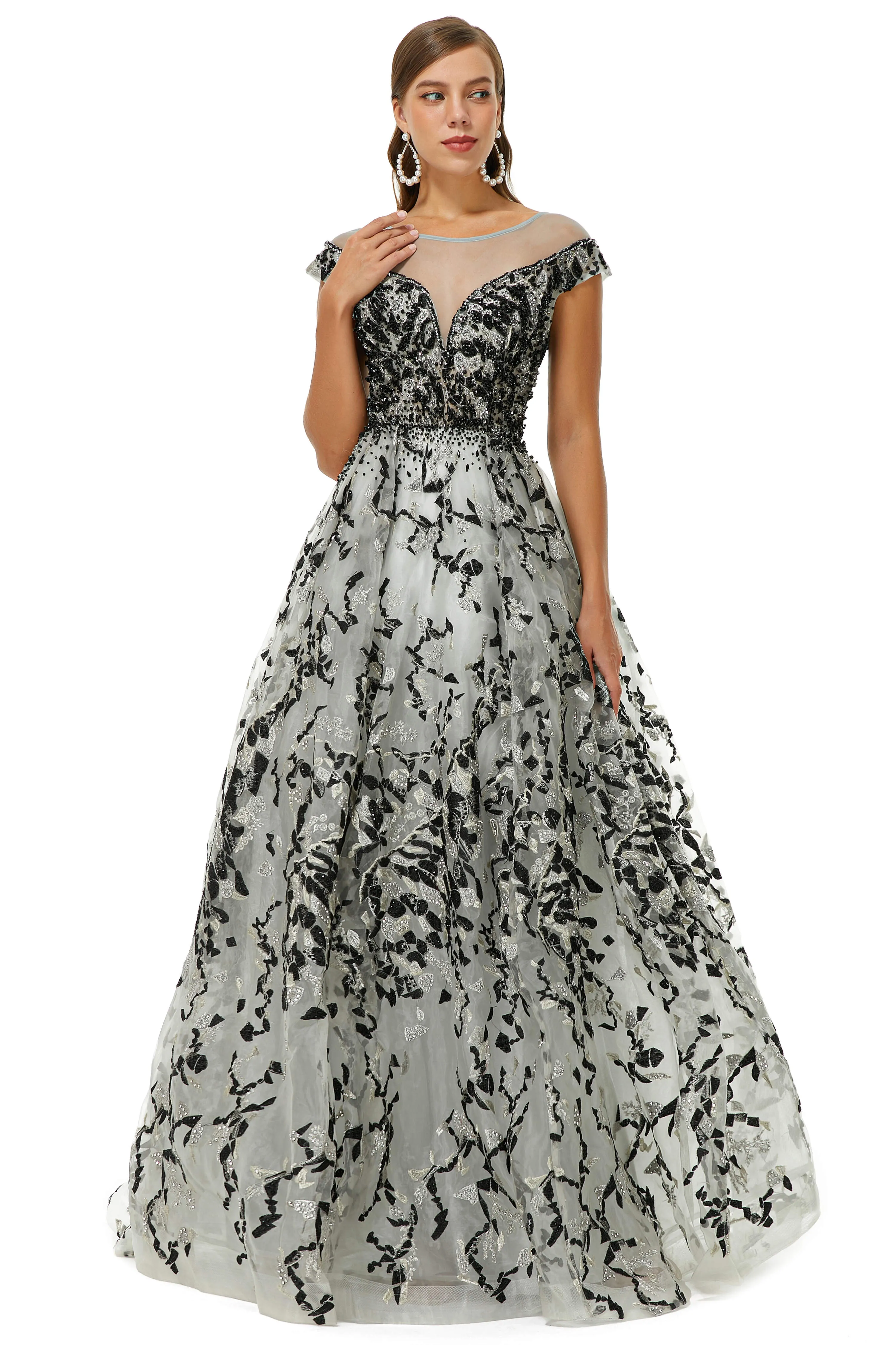 A-line Jewel Beaded Floor-length cap sleeve Sequined Prom Dresses