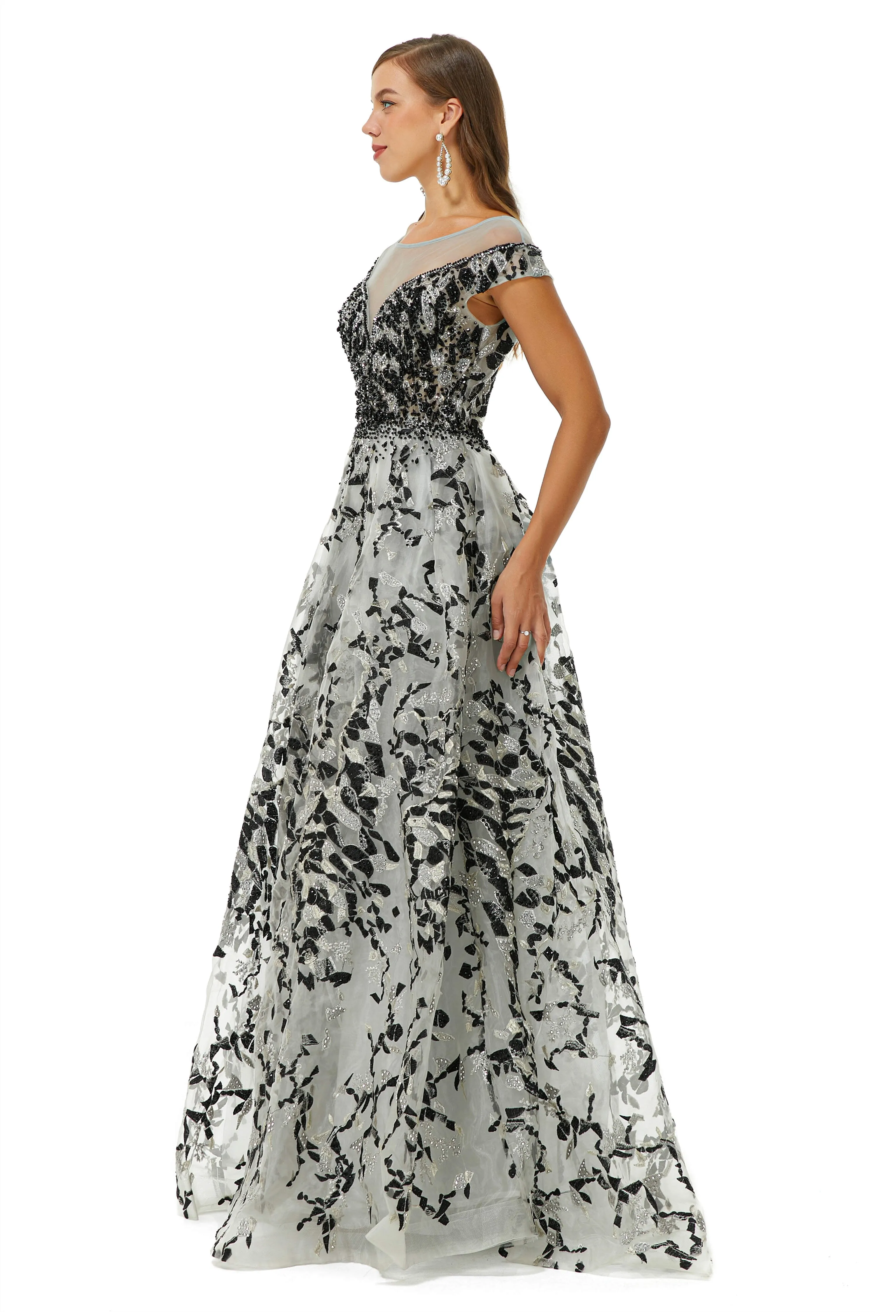 A-line Jewel Beaded Floor-length cap sleeve Sequined Prom Dresses