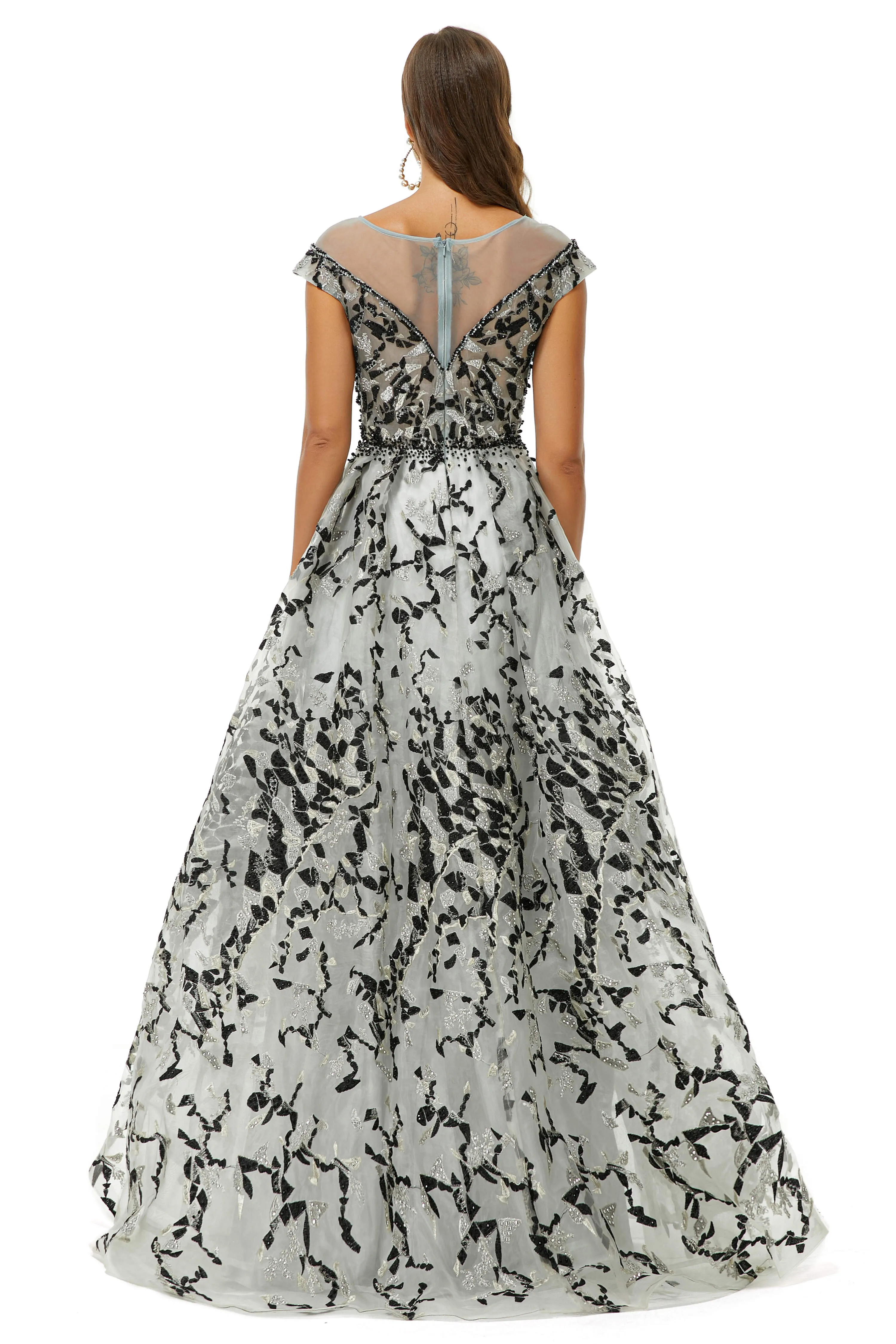 A-line Jewel Beaded Floor-length cap sleeve Sequined Prom Dresses