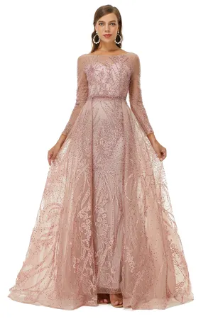 A-line Jewel Floor-length Long Sleeve Appliques Lace Sequined Prom Dresses