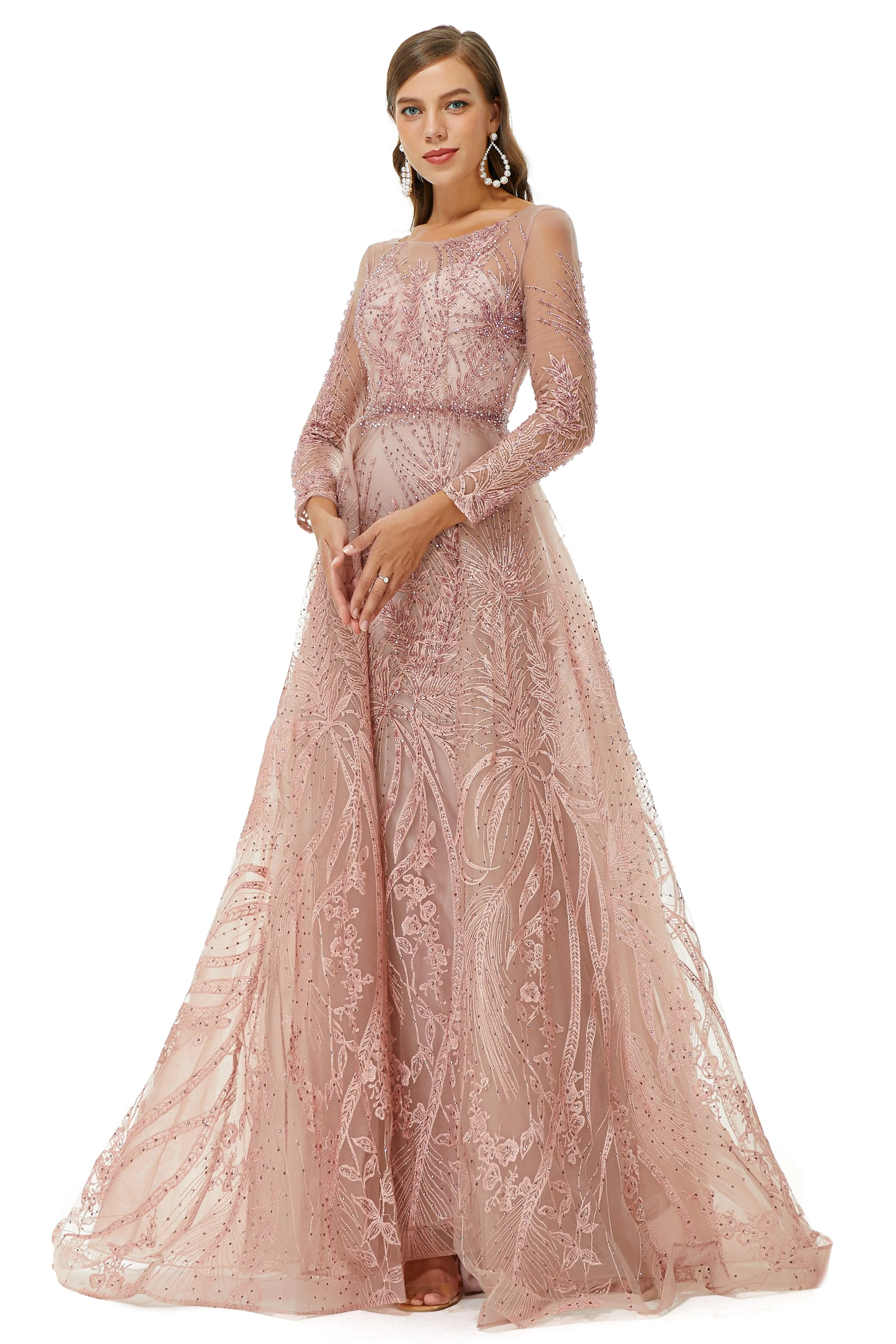A-line Jewel Floor-length Long Sleeve Appliques Lace Sequined Prom Dresses