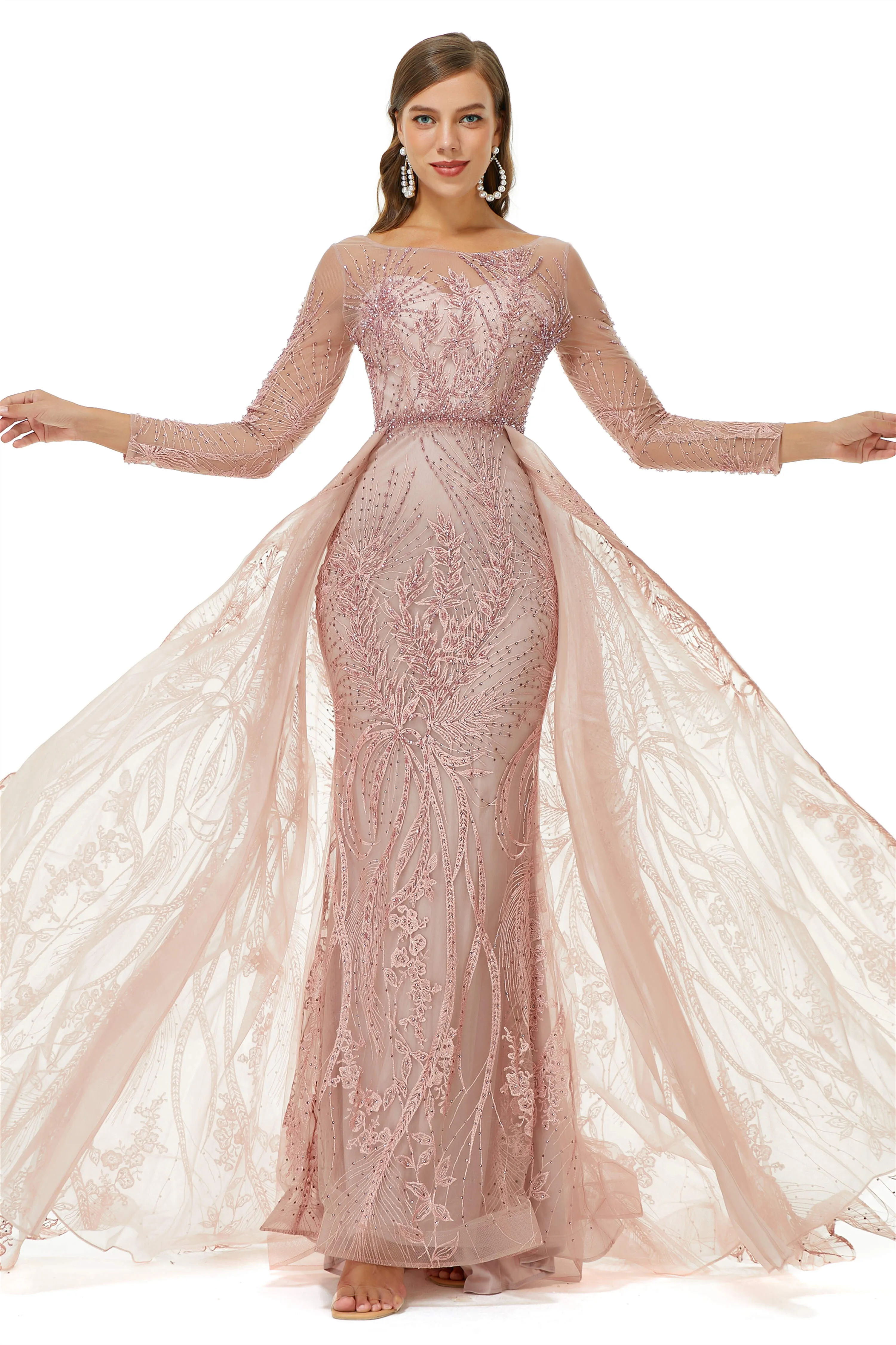 A-line Jewel Floor-length Long Sleeve Appliques Lace Sequined Prom Dresses