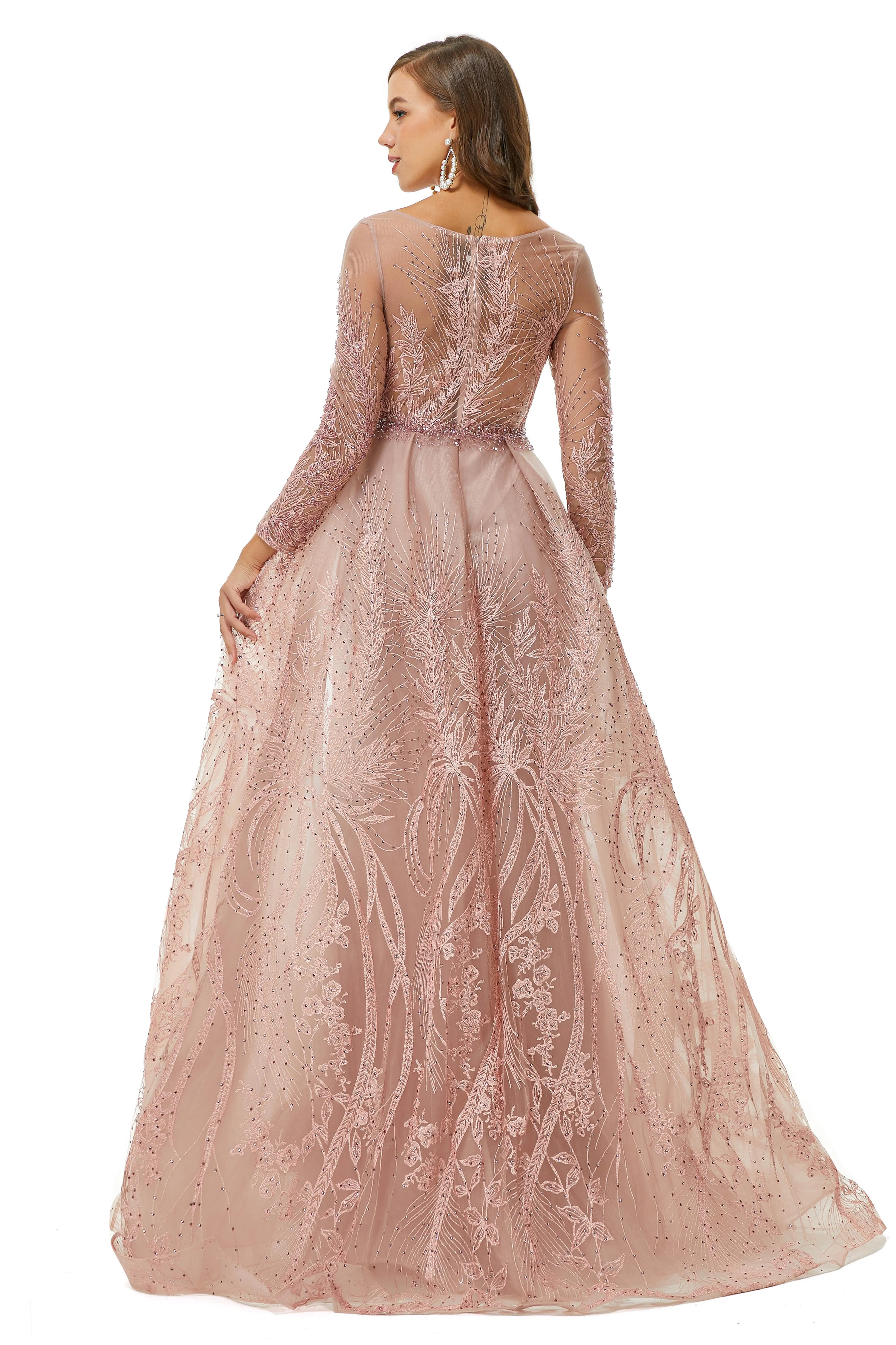 A-line Jewel Floor-length Long Sleeve Appliques Lace Sequined Prom Dresses
