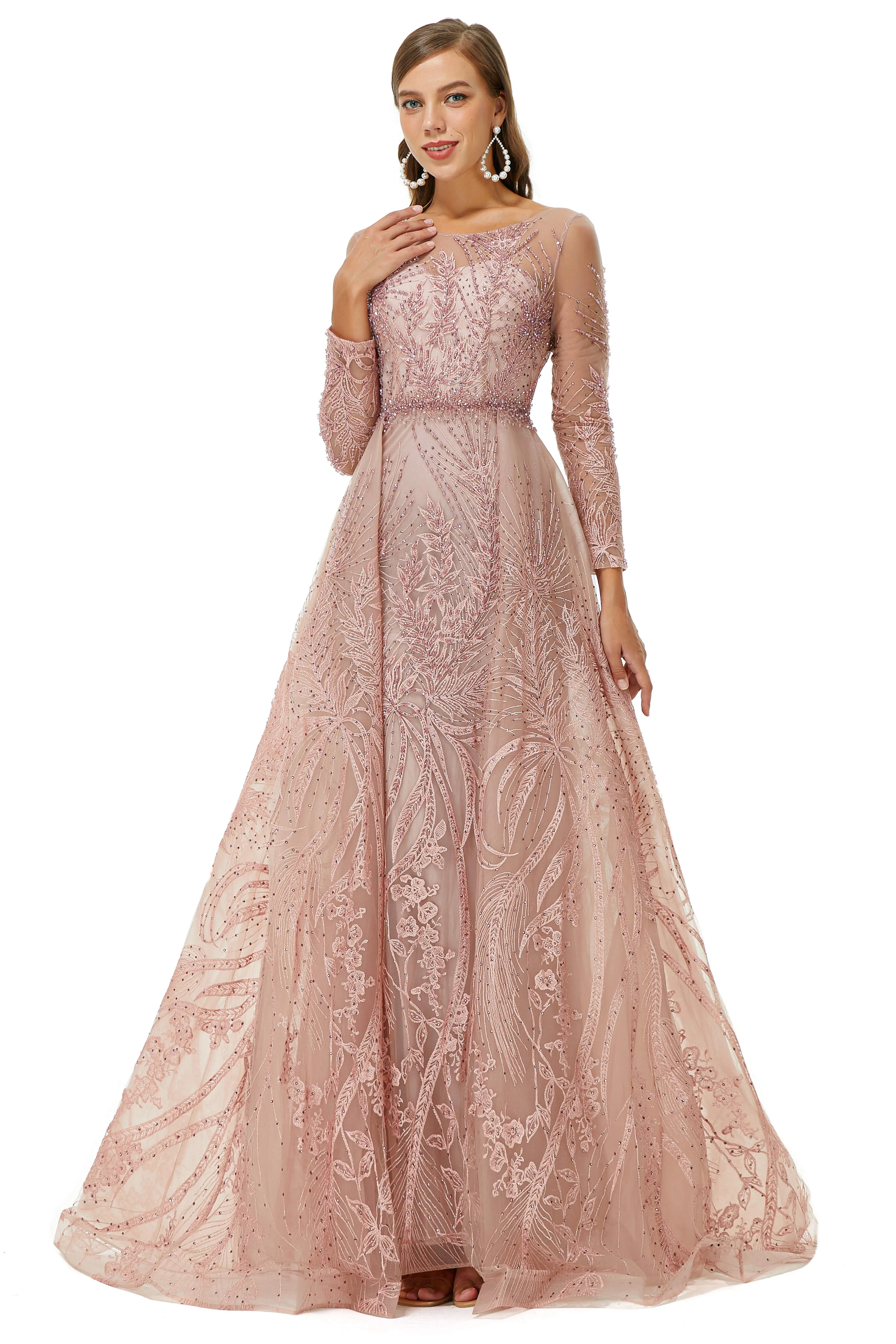 A-line Jewel Floor-length Long Sleeve Appliques Lace Sequined Prom Dresses