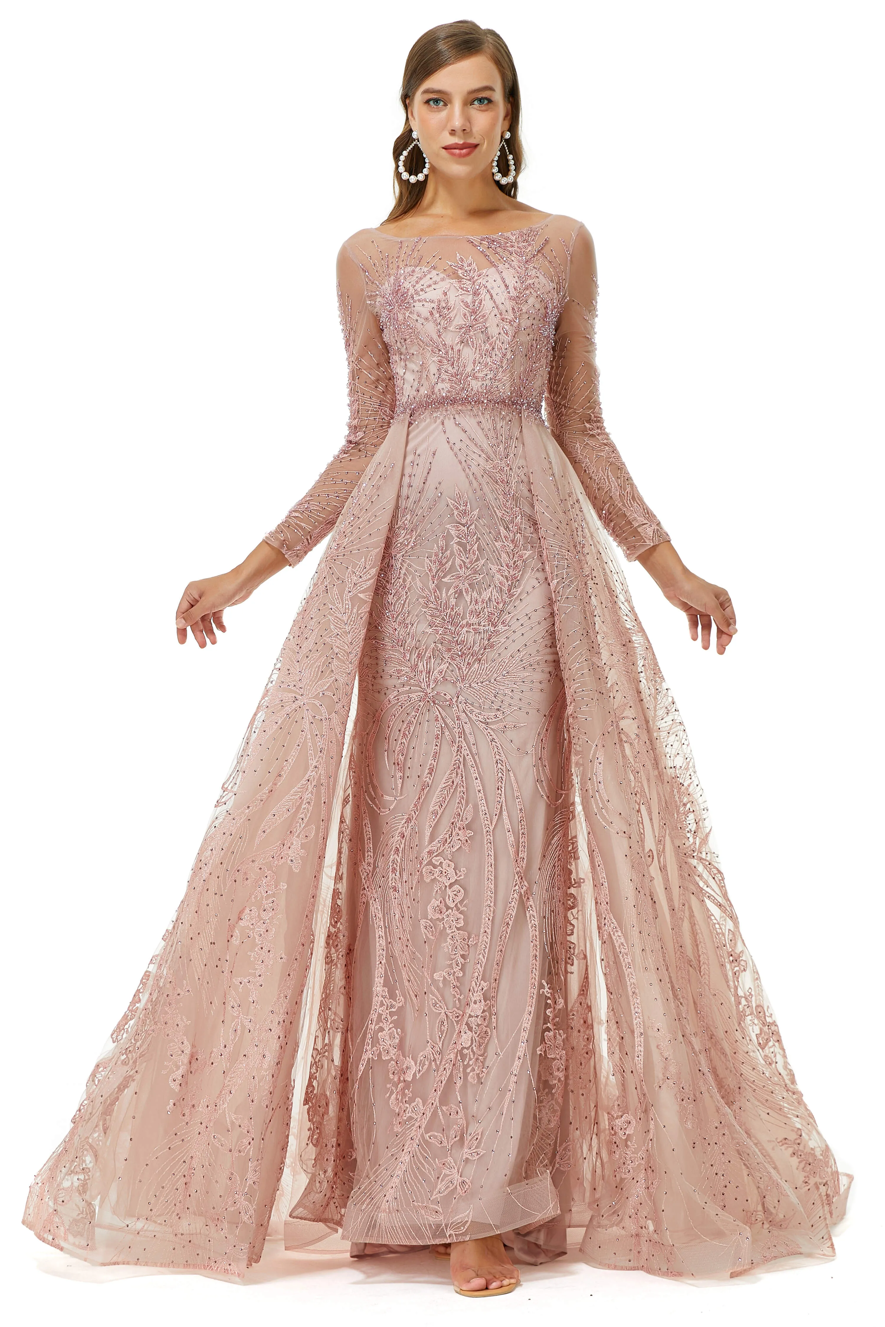 A-line Jewel Floor-length Long Sleeve Appliques Lace Sequined Prom Dresses