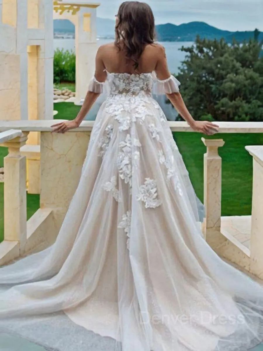 A-Line Off-the-Shoulder Sweep Train Lace Wedding Dresses