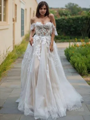 A-Line Off-the-Shoulder Sweep Train Lace Wedding Dresses