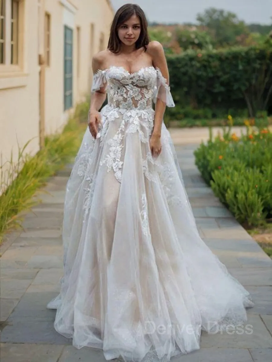 A-Line Off-the-Shoulder Sweep Train Lace Wedding Dresses