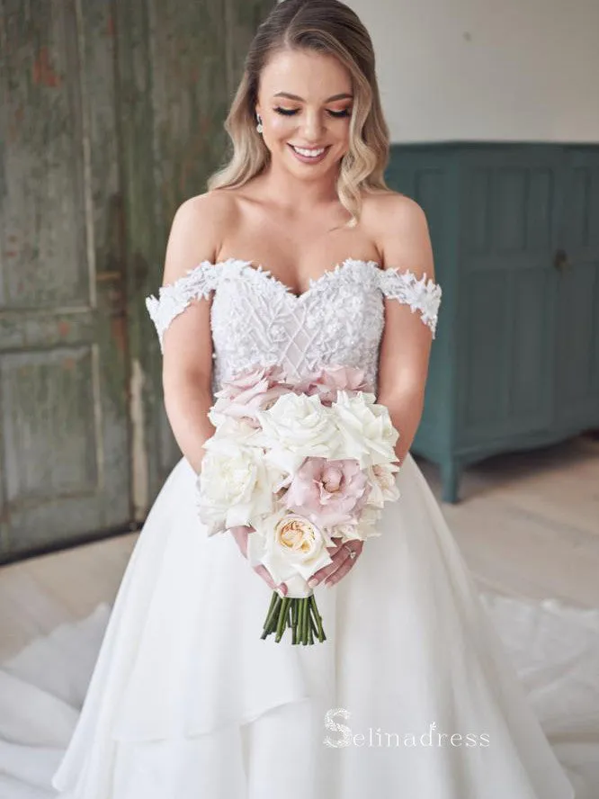 A-line Off-the-Shoulder White Lace Wedding Dresses Cheap Rustic Bridal Gowns MHL2859