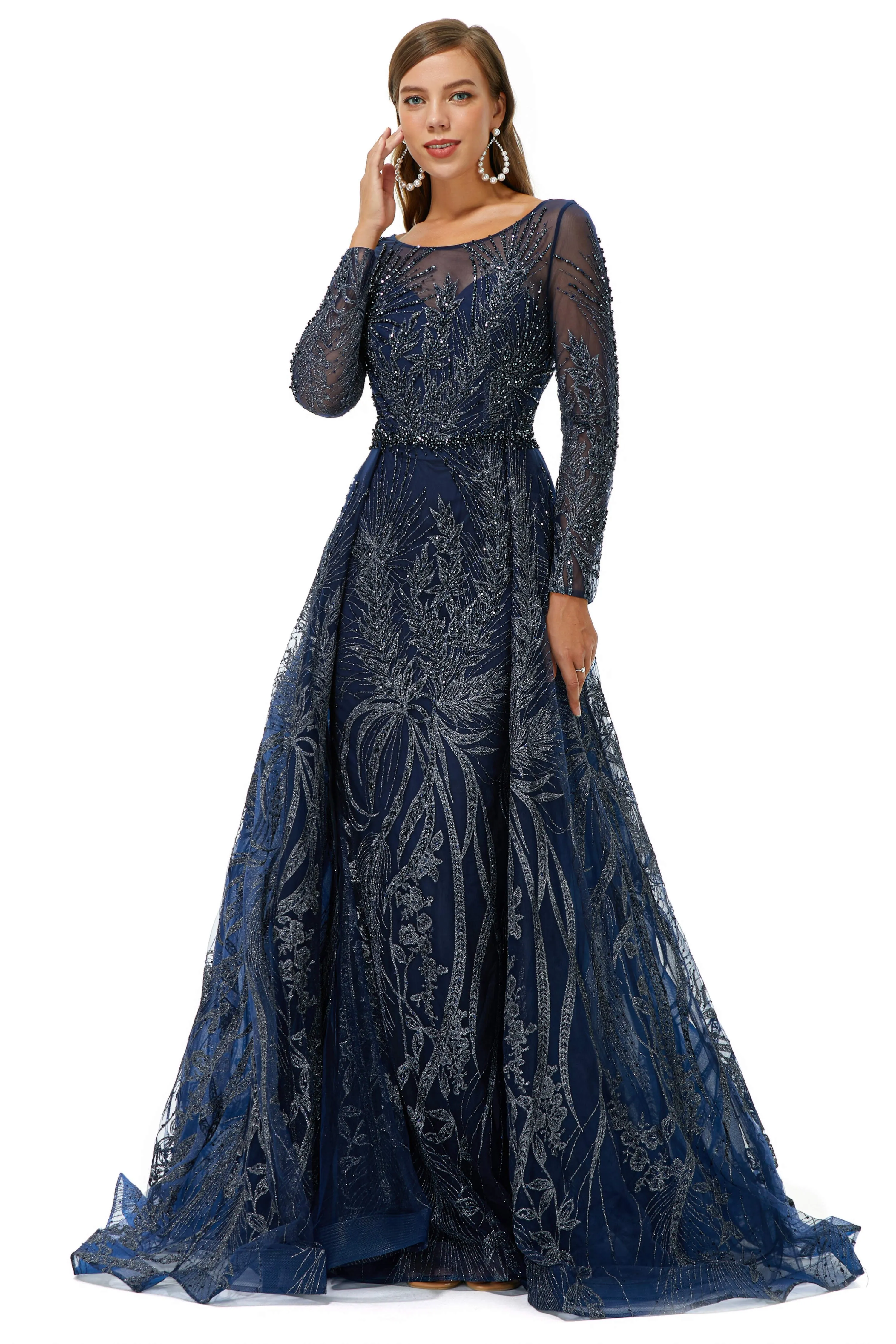 A-line Round Floor-length Long Sleeve Appliques Lace Beaded Prom Dresses