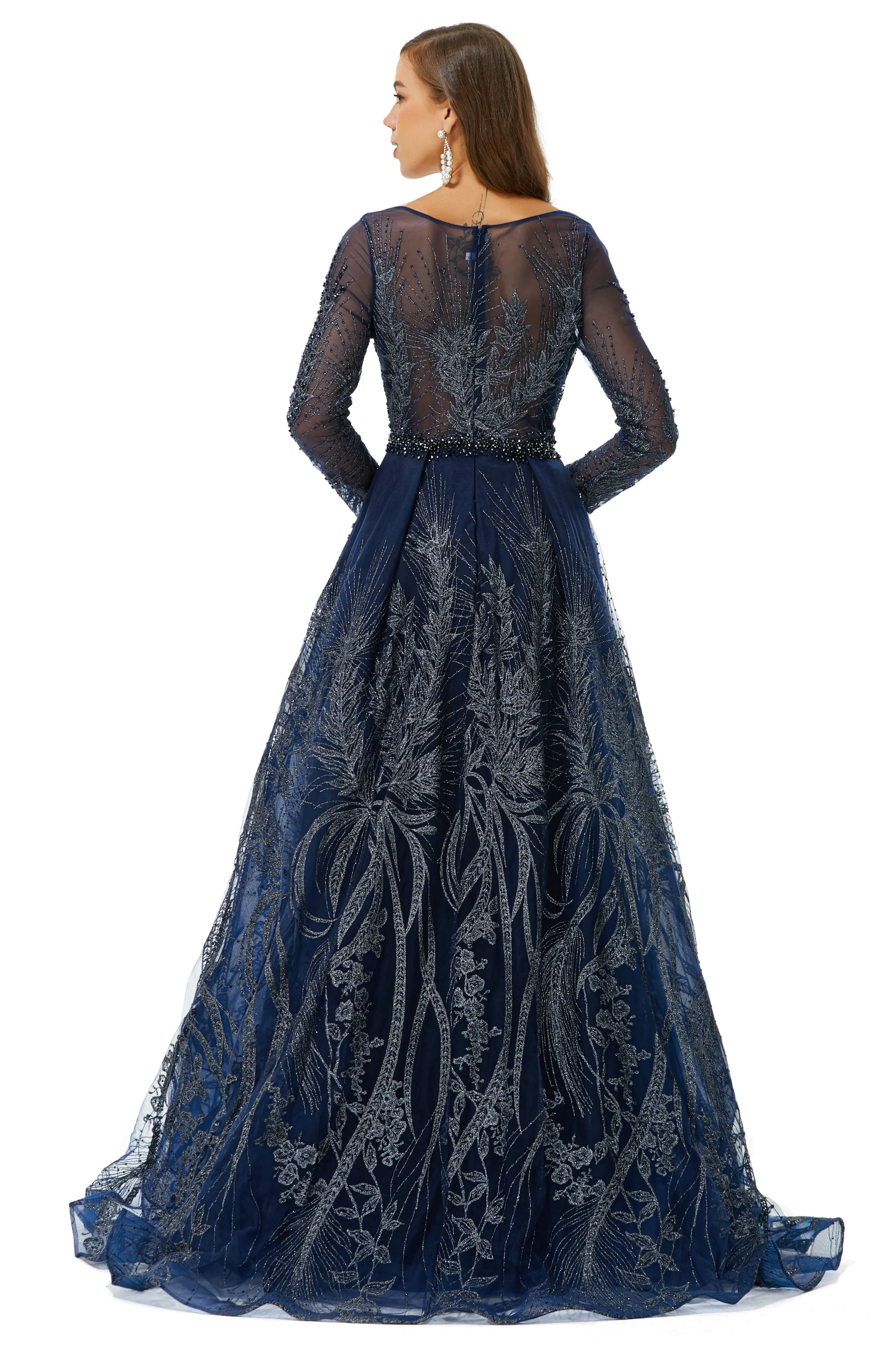 A-line Round Floor-length Long Sleeve Appliques Lace Beaded Prom Dresses
