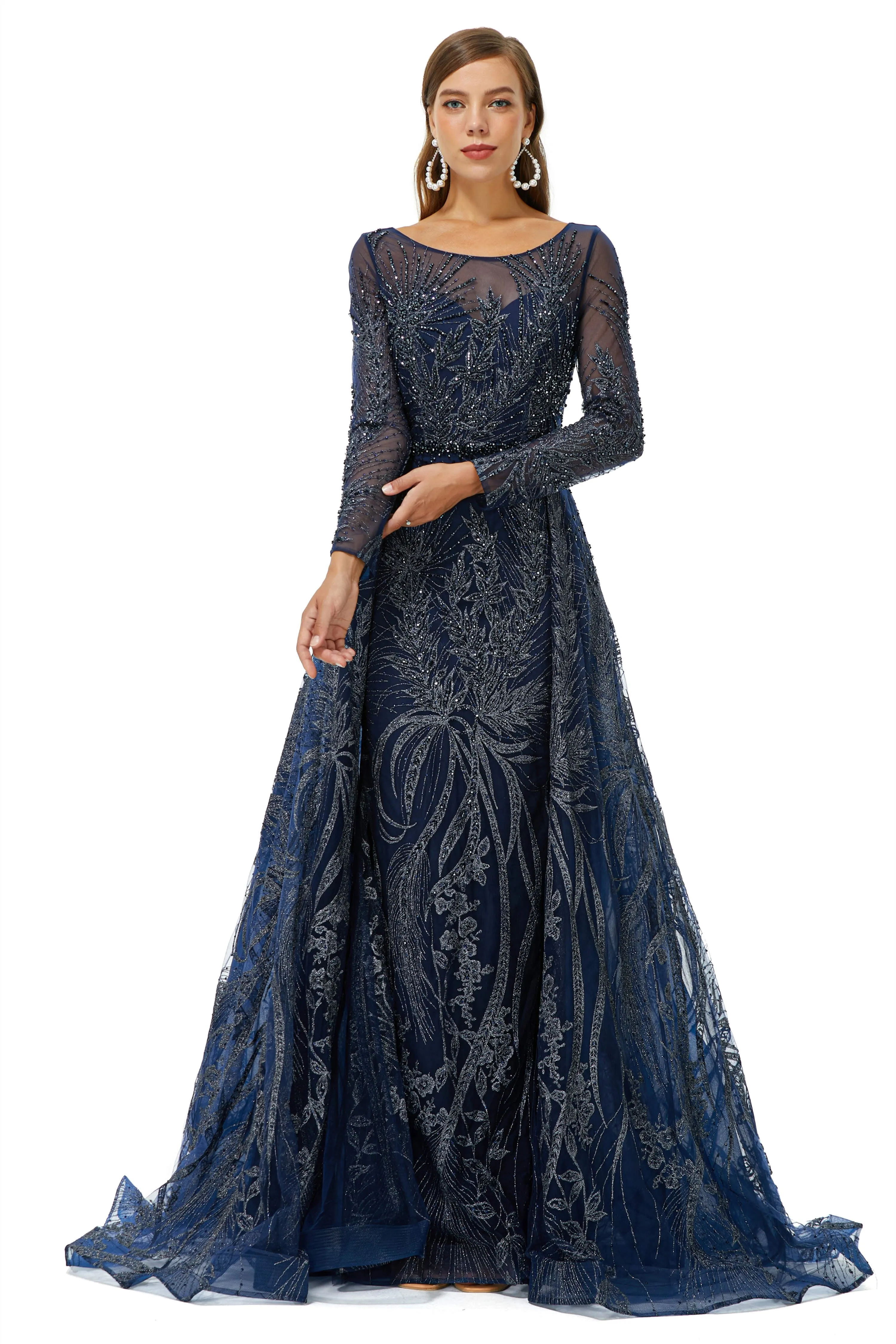 A-line Round Floor-length Long Sleeve Appliques Lace Beaded Prom Dresses