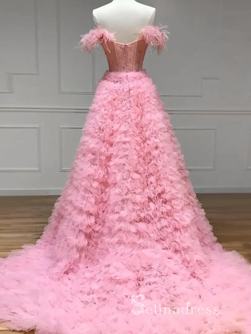 A-line Ruffled Blush Pink Formal Dress Long Beaded Feather Prom Dresses POL001