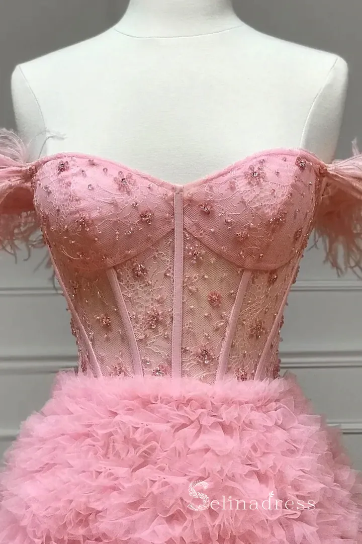 A-line Ruffled Blush Pink Formal Dress Long Beaded Feather Prom Dresses POL001