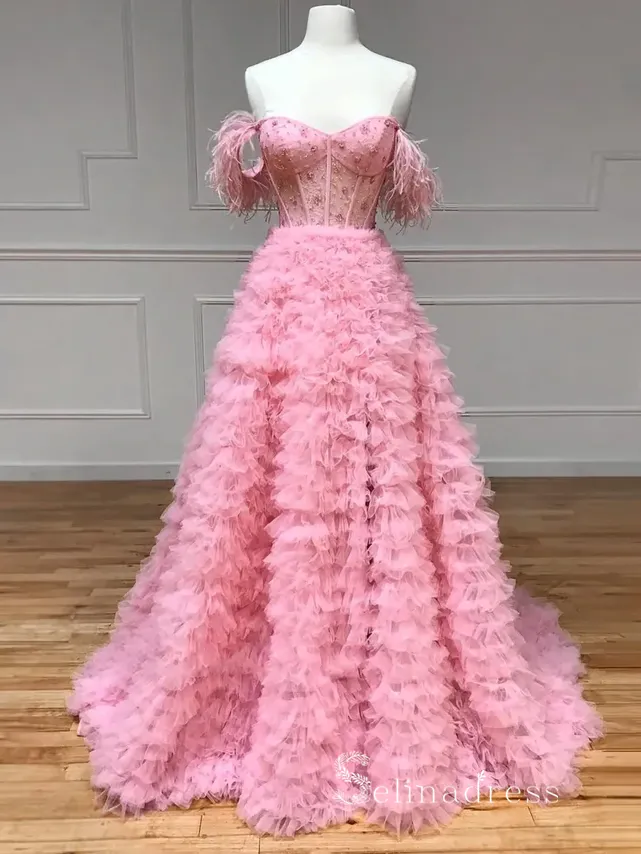 A-line Ruffled Blush Pink Formal Dress Long Beaded Feather Prom Dresses POL001