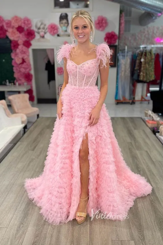 A-line Ruffled Blush Pink Formal Dress Long Beaded Feather Prom Dresses POL001