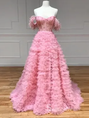 A-line Ruffled Blush Pink Formal Dress Long Beaded Feather Prom Dresses POL001