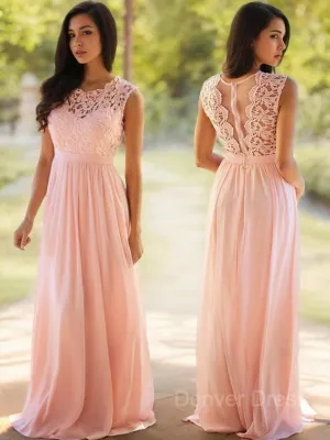 A-Line Scoop Floor-Length Chiffon Prom Dresses With Appliques Lace