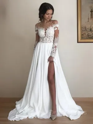 A-Line Scoop Sweep Train Chiffon Wedding Dresses With Leg Slit