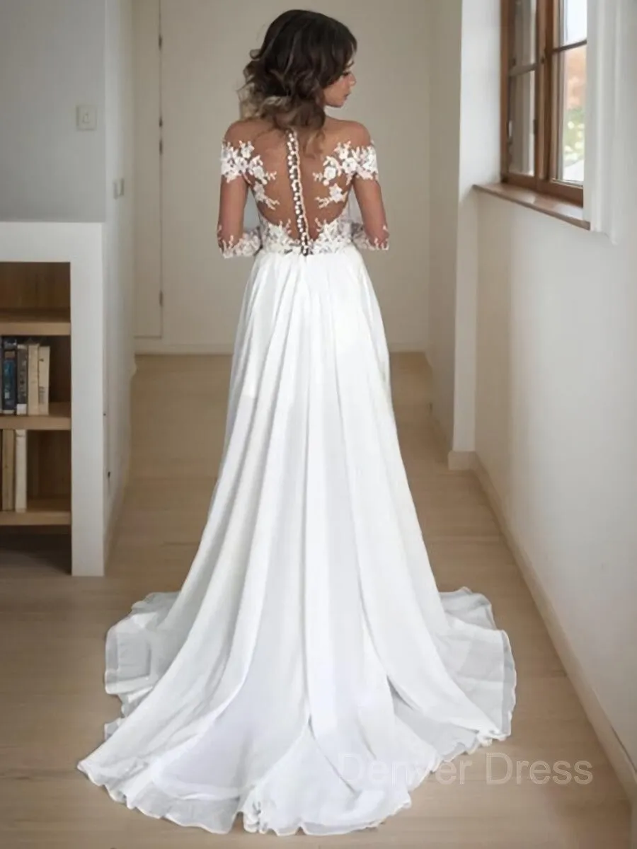 A-Line Scoop Sweep Train Chiffon Wedding Dresses With Leg Slit