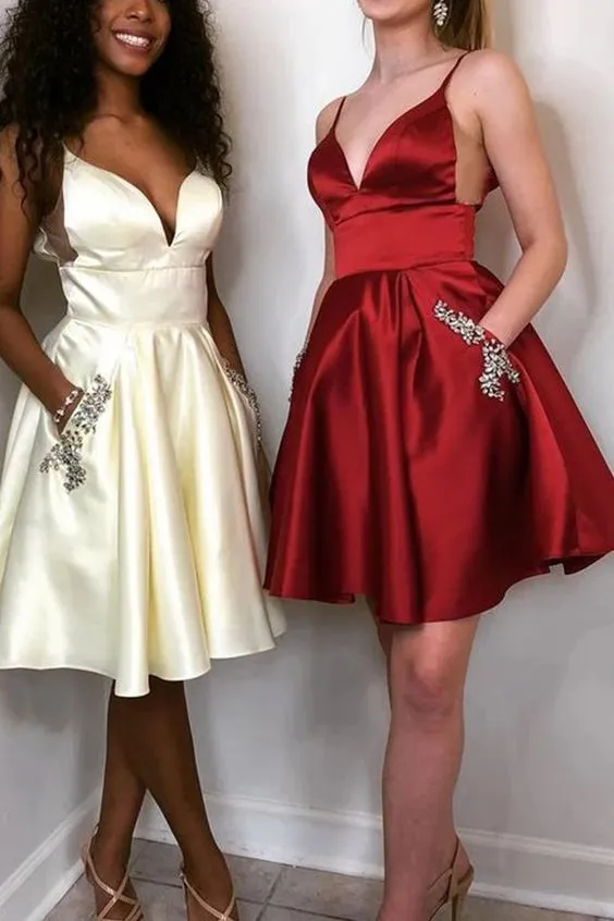 A-line Spaghetti Straps Cheap Short Prom Dress With Pocket Homecoming Dress kts100