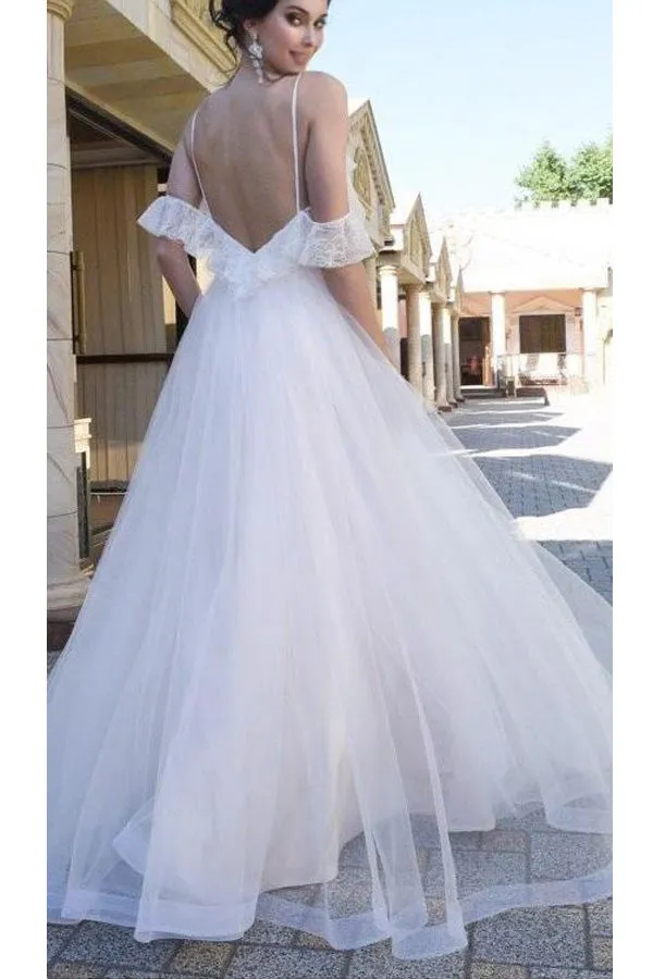 A-line Spaghetti Straps Low Back White Tulle Wedding Dress Lace Top Bridal Gown WW287