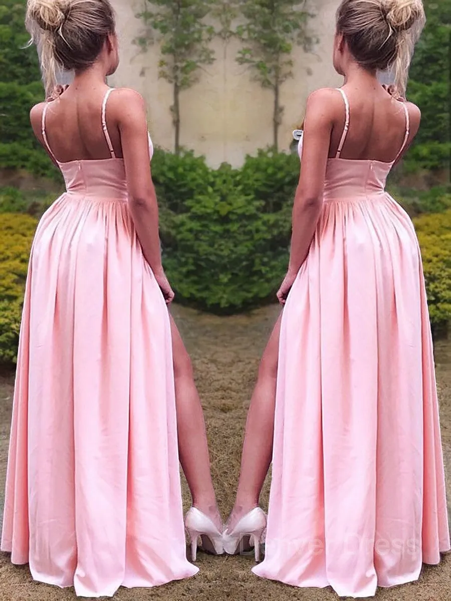 A-Line Straps Floor-Length Stretch Crepe Prom Dresses With Leg Slit