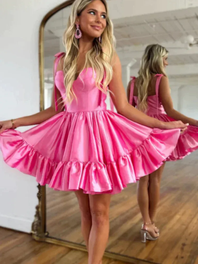 A-line Sweetheart Hot Pink Short Prom Dress Cute Satin Homecoming Dress JKW011