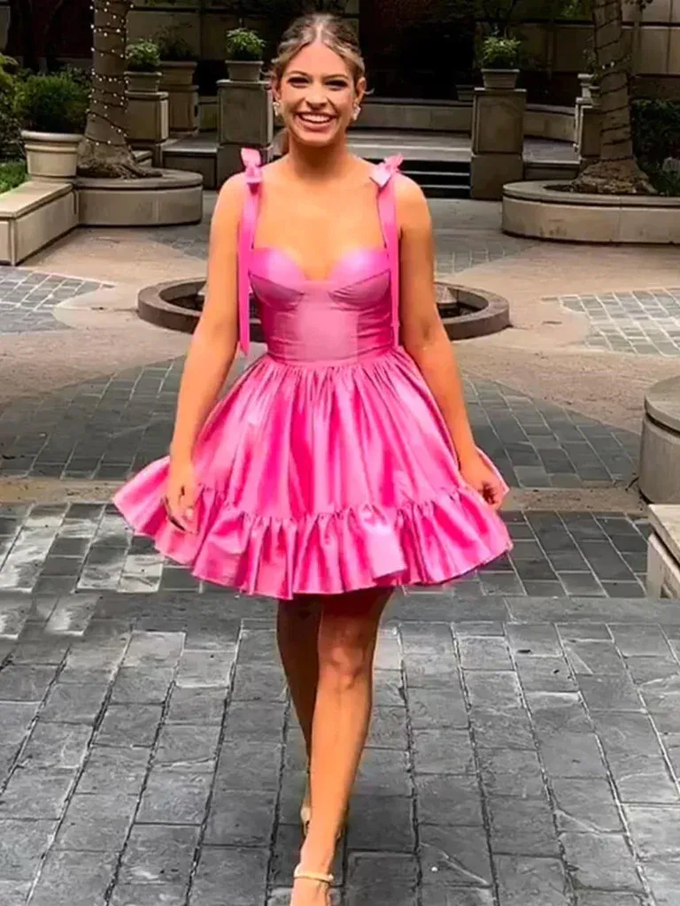 A-line Sweetheart Hot Pink Short Prom Dress Cute Satin Homecoming Dress JKW011