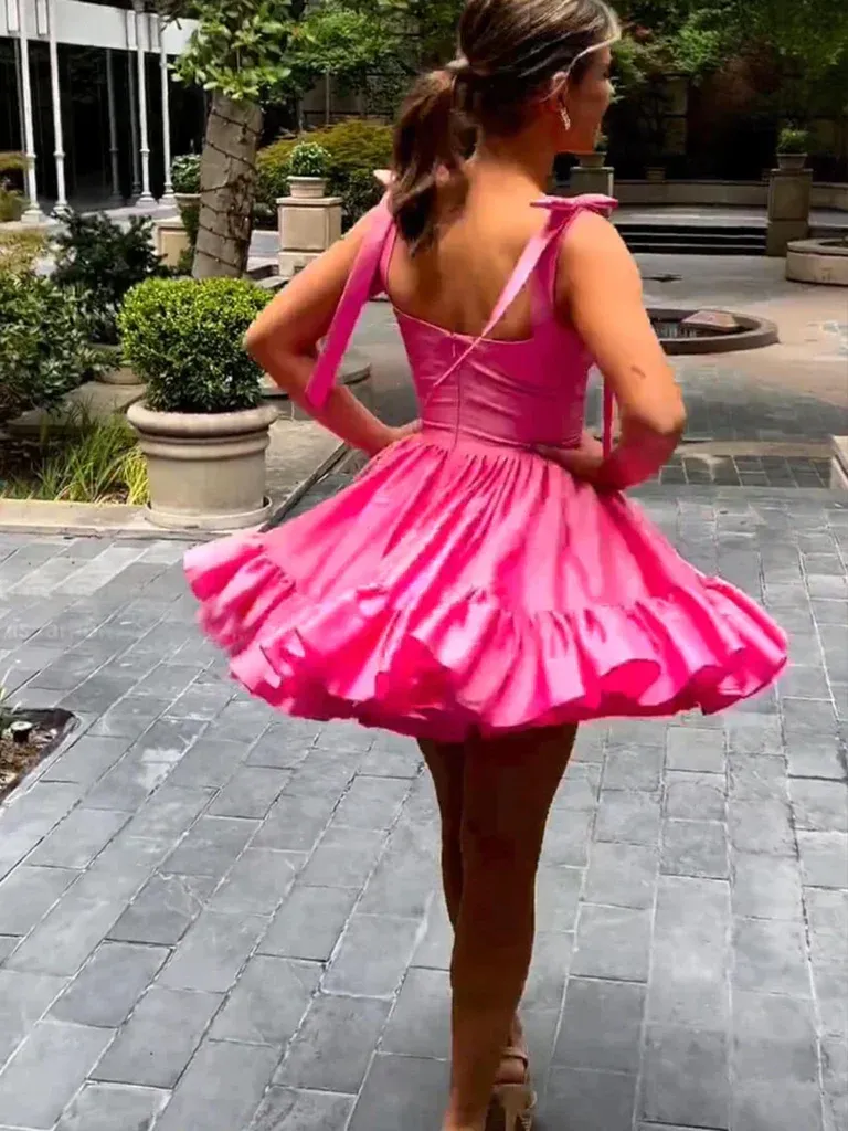 A-line Sweetheart Hot Pink Short Prom Dress Cute Satin Homecoming Dress JKW011