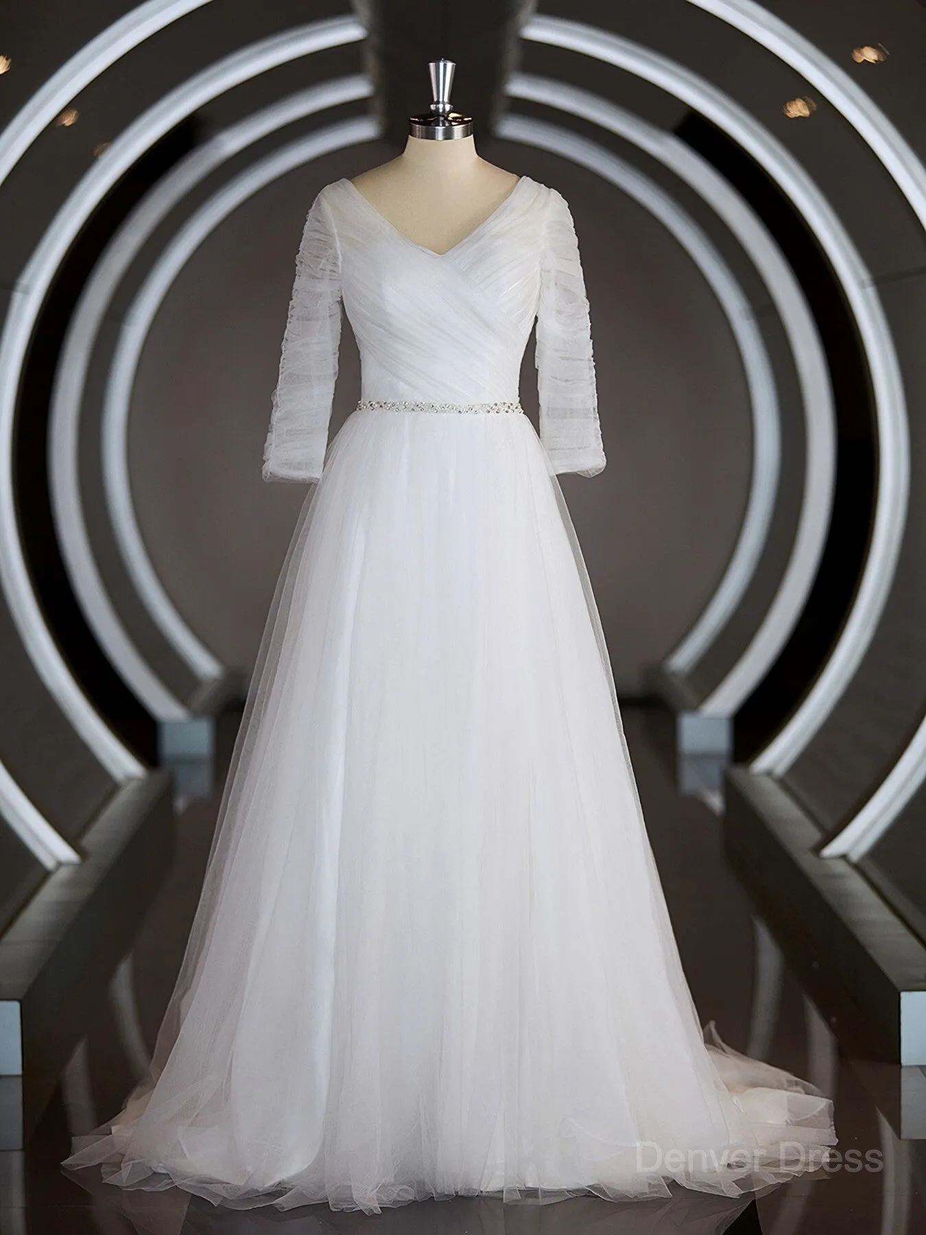 A-Line Sweetheart Sweep Train Tulle Wedding Dresses with Ruffles