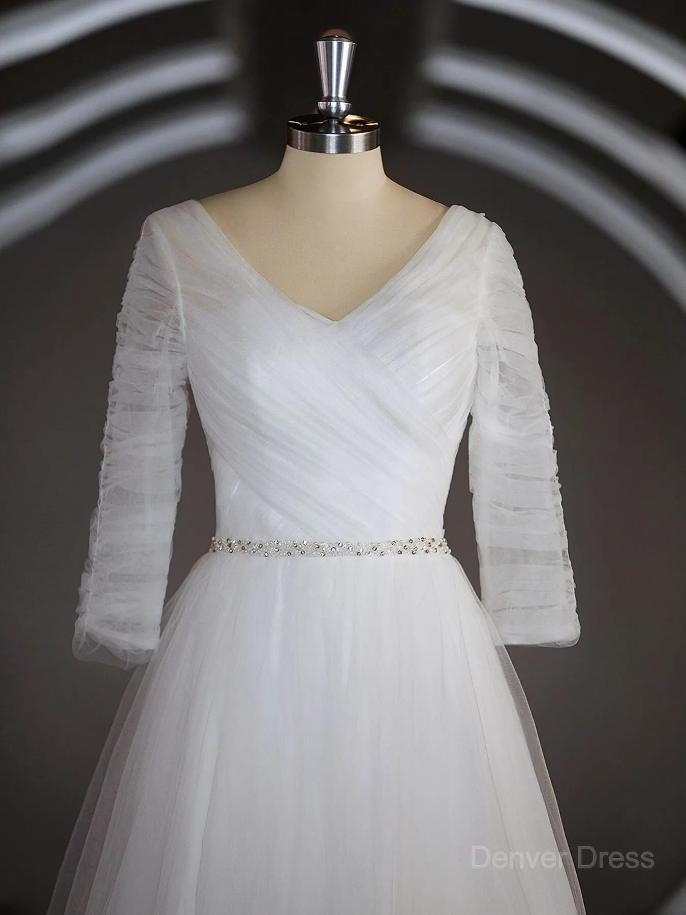 A-Line Sweetheart Sweep Train Tulle Wedding Dresses with Ruffles