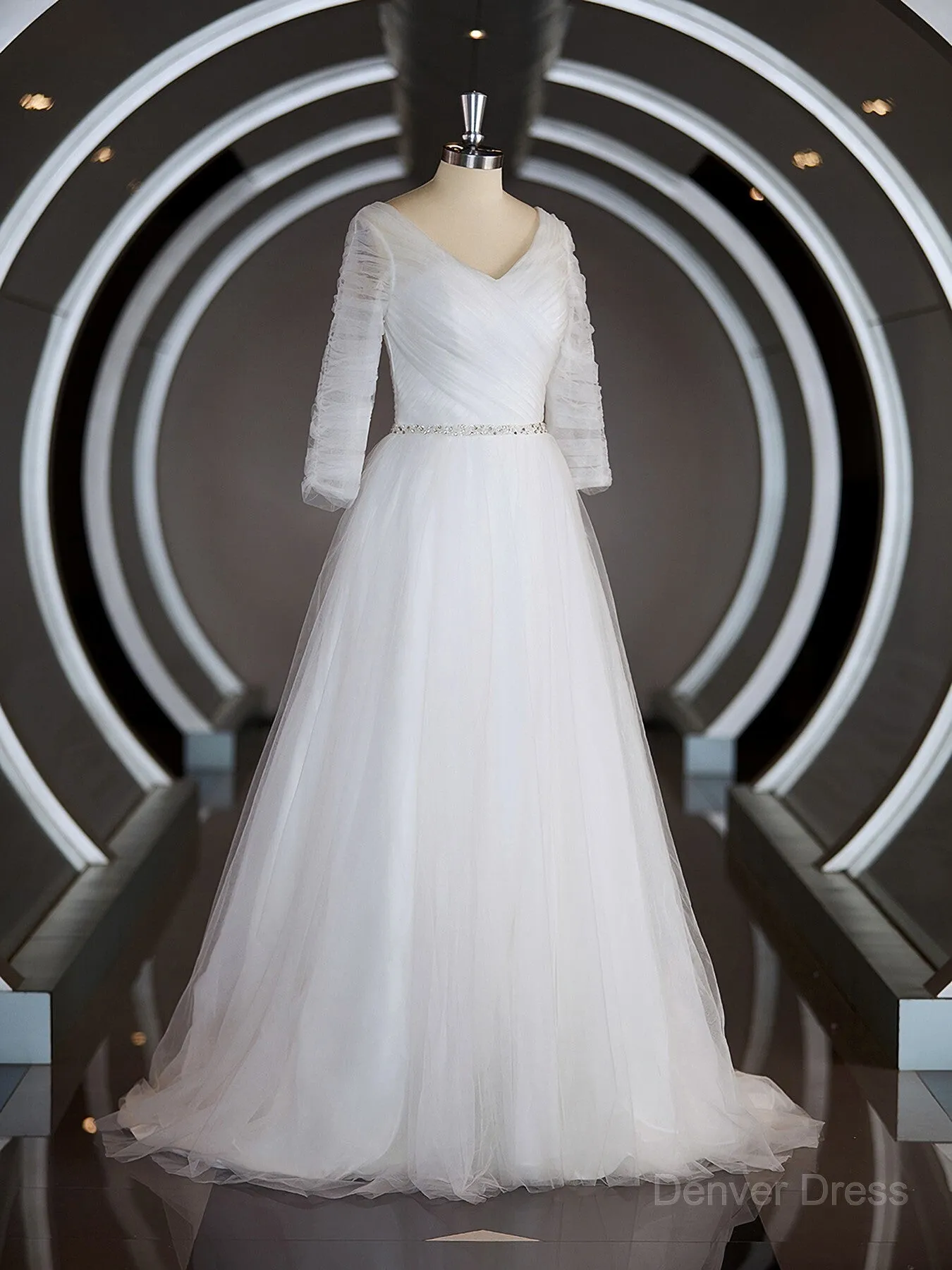 A-Line Sweetheart Sweep Train Tulle Wedding Dresses with Ruffles