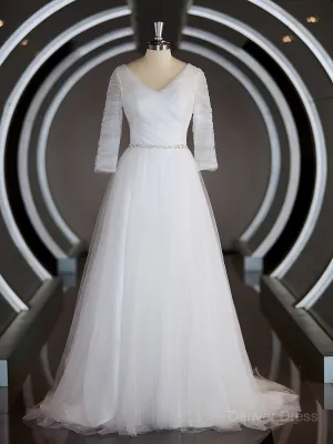 A-Line Sweetheart Sweep Train Tulle Wedding Dresses with Ruffles