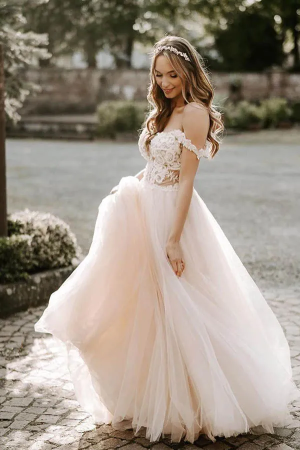 A Line Tulle Wedding Dress With Lace Top