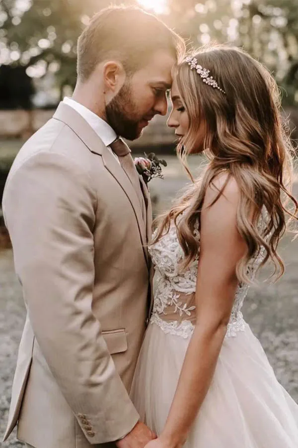 A Line Tulle Wedding Dress With Lace Top