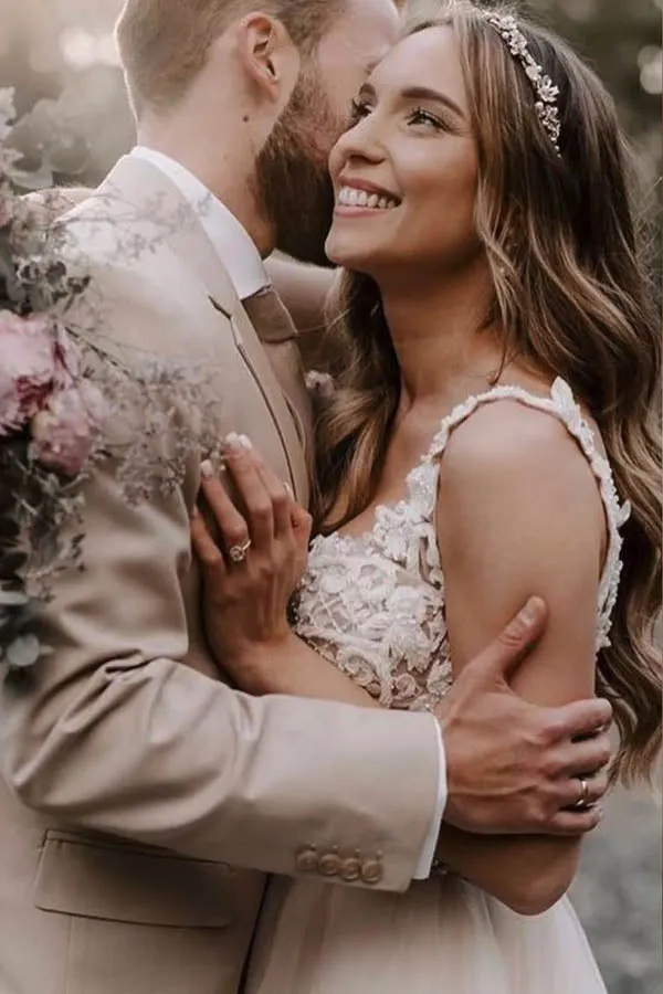 A Line Tulle Wedding Dress With Lace Top