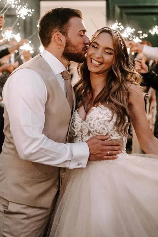 A Line Tulle Wedding Dress With Lace Top