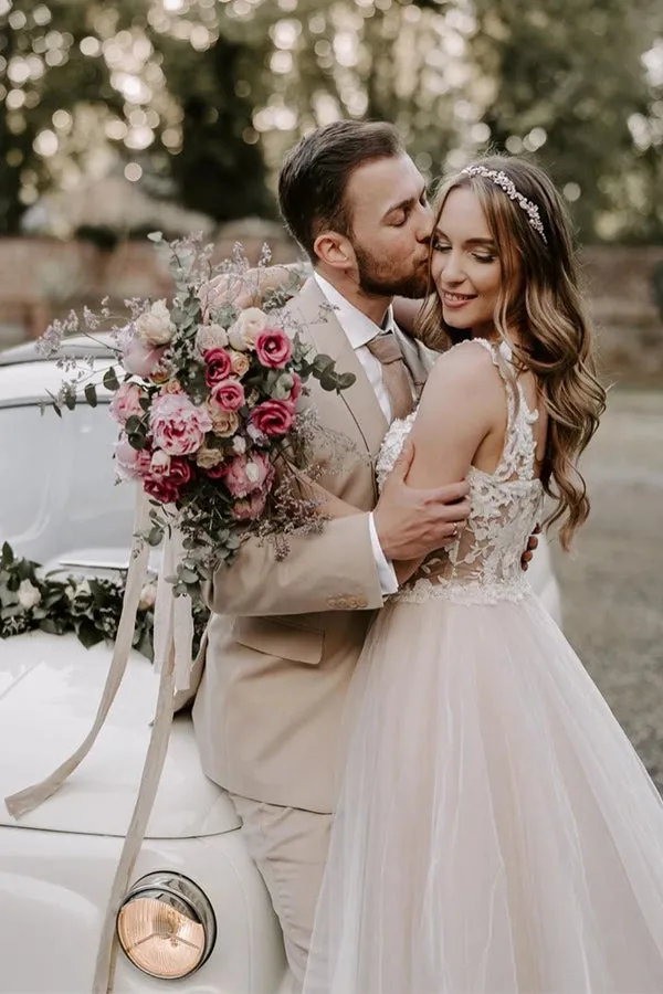 A Line Tulle Wedding Dress With Lace Top