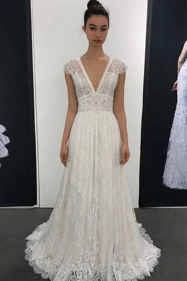 A Line V Neck Lace Wedding Dress