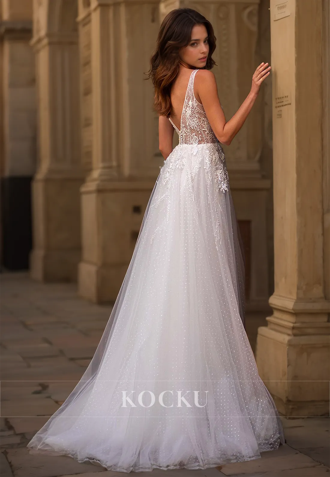 A-Line V-Neck Straps Sleeveless Floor-Length Appliques Lace Beach Wedding Dress with Beads Boho Gowns